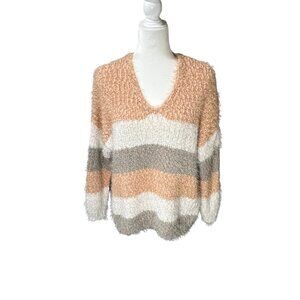 Altar'd State Women Sweater Cream Gray Striped Color Block Pullover Eyelash XS/S